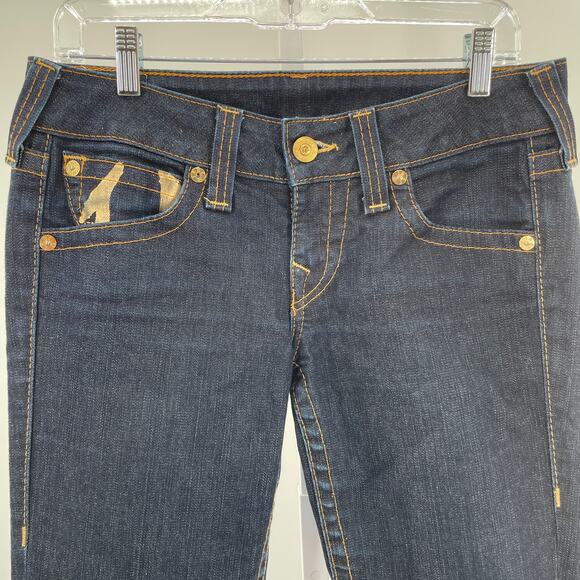 True Religion Womens 29 Vintage Joey Bell Bottoms Dark Wash Metallic Gold Trim - Picture 3 of 12